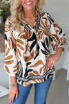 Chic Women's Brown Abstract Print Puff Sleeve Blouse - Versatile Loose Fit Top for Casual or Dressy Events
