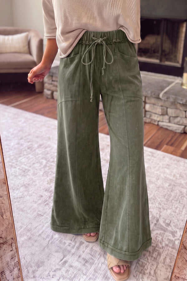 Jungle Green Mineral Wash Flare Leg Drawstring Pants for Women - Trendy Seam Detail, Comfortable Fit, Wholesale Deal