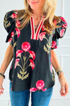 Women's Casual Elegance Black Floral Puff Sleeve Blouse with Striped Contrast - Chic V-Neck Top for Everyday Style