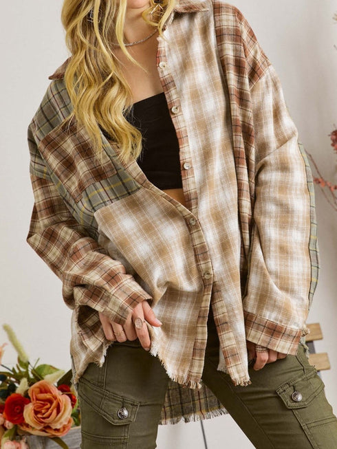 Rustic Brown Patchwork Plaid Shacket with Raw Edge Finishing