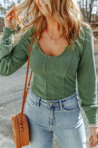Green Ribbed U Neck Textured Top with Long Sleeves