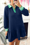 Navy Blue Long Sleeve Polo Mini Dress for Women with Ruffle Hem, Contrast Striped Cuffs & Stylish Patchwork Design