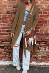Chic Women's Camel Striped Knit Duster Cardigan with Double Pockets - Effortless Open Front Layer for Stylish Comfort