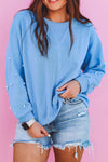 Cozy Women's Myosotis Drop Shoulder Pullover Sweatshirt with Pearled Sleeves - Chic Round Neck Top for Effortless Style