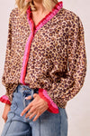 Chic Women's Khaki Leopard Print V-Neck Blouse with Frilled Striped Trim - Trendy Long Sleeve Top for Every Occasion