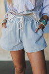 Women's Casual Sky Blue Striped Denim Shorts with Drawstring Waist for Effortless Summer Style and Comfort