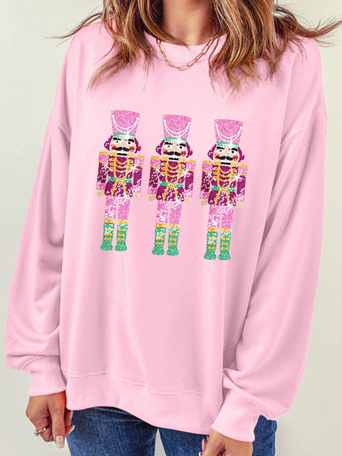 Neon Nutcracker Print Pink Sequin Christmas Crewneck Sweatshirt