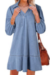 Stylish Women's Beau Blue Denim Dress with V-Neck, Collared Long Sleeves, and Chic Chest Pocket for Effortless Elegance