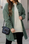 Stylish Women's Oversized Mist Green Corduroy Shacket with Side Slits – Comfortable Layering Essential for Every Season