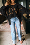 Women's Black Oversized Leopard Print LOVE Graphic Sweatshirt - Casual Round Neck with Trendy Patch Details