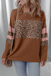 Trendy Women's Brown Leopard Colorblock Long Sleeve Top - Casual Drop Shoulder Style for Effortless Everyday Chic