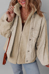 Stylish Women's Parchment Corduroy Sherpa Jacket with Stand Collar and Trendy Patchwork Design for Cozy Comfort