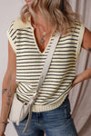 Beige Striped V-Neck Sweater Tank Top for Women – Chic Casual Style Perfect for Everyday Comfort
