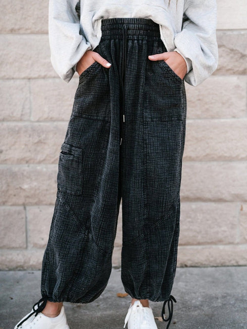 Edgy Black Mineral Wash Textured Wide Leg Drawstring Trousers