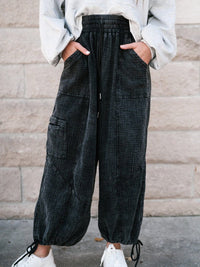 Edgy Black Mineral Wash Textured Wide Leg Drawstring Trousers