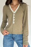 Sage Green Ribbed Knit Long Sleeve Pullover Top with Lace Trim and V-Neck for Women – Stylish and Comfortable Fit