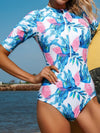 Floral Print Zip Front Half Sleeve Beach One Piece Swimsuit