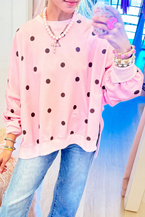 Trendy Women's Pink Polka Dot Long Sleeve Pullover Top with Split Hem – Stylish & Comfortable Casual Wear