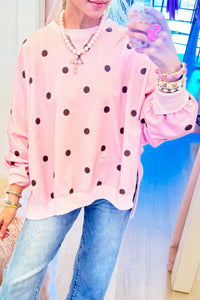 Trendy Women's Pink Polka Dot Long Sleeve Pullover Top with Split Hem – Stylish & Comfortable Casual Wear