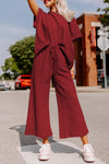 Women's Red Dahlia Textured Lounge Set: Loose Fit T-Shirt & Cozy Drawstring Pants for Casual Comfort