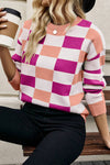 Cozy Pink Checkered Ribbed Sweater for Women - Effortless Casual Knit with Drop Shoulders for Ultimate Comfort