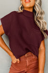 Women's Mineral Red Ribbed Knit Short Sleeve Sweater with Patch Pockets - Stylish and Comfortable Casual Top