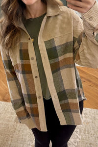 Women's Cozy Retro Plaid Corduroy Shacket in Parchment - Trendy Patchwork Jacket for Stylish Fall Looks