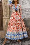 Women's Flowy Orange Boho Maxi Dress with Geometric Print and Long Sleeves for Effortless Style and Comfort