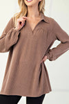 Women's Dark Khaki Twisted Ribbed Long Sleeve Polo V-Neck Top - Chic, Comfortable Fit for Effortless Casual Style
