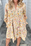 Women's Spring Floral Print Yellow Dress with Long Sleeves, Smocked Cuffs, and Frilly Trim – Casual Loose Fit