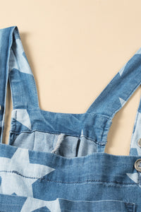 star-print-buttoned-strap-pleat-wide-leg-denim-overall