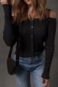 Black Ribbed Knit Cold Shoulder Button Front Sweater