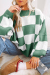 Cozy Women's Green Checkered Bishop Sleeve Sweater - Chic Knit Top for Trendy Fall Fashion