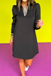 Chic Women's Black Striped V-Neck Collared Mini Dress - Long Sleeve Shift Style for Effortless Elegance and Comfort