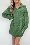 Cozy Mist Green Cable Knit Quarter Zip Sweater Dress for Women - Trendy Loose Fit Mini Dress, Ideal for Fall Style