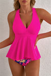 Women's Pink Floral Ruffled Hem Tankini Set - Stylish V-Neck Swimwear with Comfortable Fit for Summer Fun