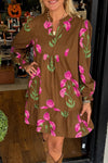Women's Brown Floral Ruffled Hem Dress with Puff Sleeves - Ideal for Spring and Summer Gatherings and Events