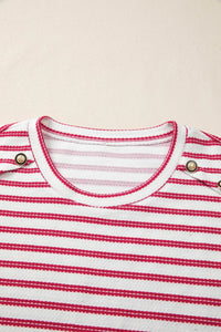 Red Stripe Textured Knit Button Detail Short Sleeve Casual Tee