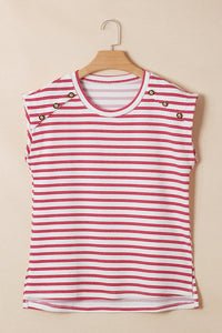 Red Stripe Textured Knit Button Detail Short Sleeve Casual Tee