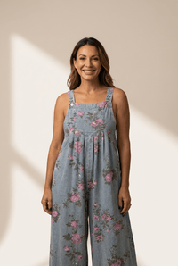 Women's Effortless Chic Women's Beau Blue Floral Pleated High-Waist Wide-Leg Denim Jumpsuit for Stylish Comfort