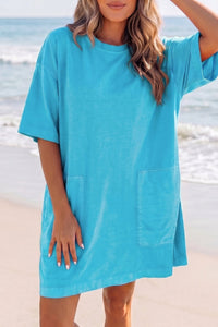 Effortless Light Blue Mini Dress for Women - Loose Fit Drop Shoulder T-Shirt Style for Casual Everyday Comfort