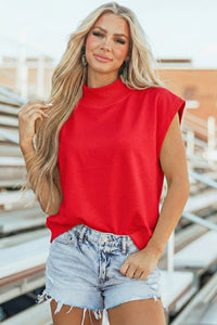 Racing Red Solid Color High Neck Cap Sleeve Loose Top