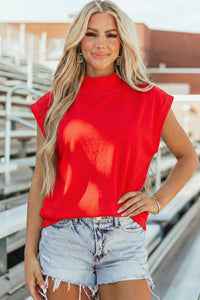 Racing Red Solid Color High Neck Cap Sleeve Loose Top