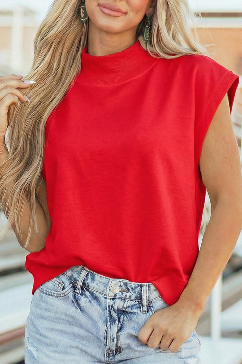 Women's Effortless Style Women's Racing Red High Neck Cap Sleeve Top - Loose Fit for Ultimate Comfort and Chic Appeal