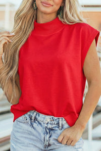 Women's Effortless Style Women's Racing Red High Neck Cap Sleeve Top - Loose Fit for Ultimate Comfort and Chic Appeal