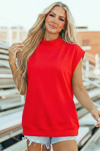 Racing Red Solid Color High Neck Cap Sleeve Loose Top