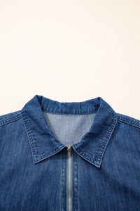 Blue Zip up Collared Short Sleeve Shift Mini Denim Dress