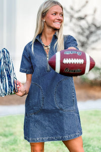 Blue Zip up Collared Short Sleeve Shift Mini Denim Dress