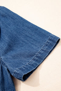 Blue Zip up Collared Short Sleeve Shift Mini Denim Dress