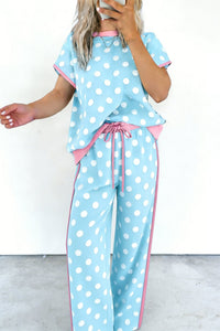 Effortless Summer Chic: Women's Sky Blue Polka Dot Short Sleeve Top & Matching Pants Set for Stylish Comfort